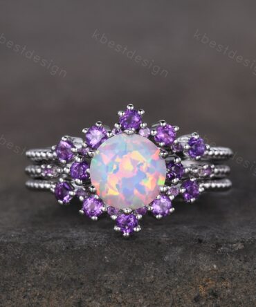 3PCS White Opal Engagement Ring Set Vintage Round cut Opal Amethyst Bridal Set Unique Curved Amethyst Wedding Ring Anniversary Promise Gift
