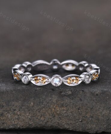 Art deco Eternity Citrine Moonstone Wedding Band Unique Silver Stacking Band Vintage Birthstone Ring Promise Anniversary Ring Personalized