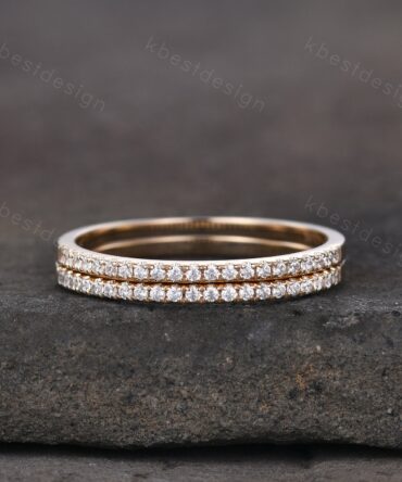 Unique Moissanite wedding band set women half eternity band 14k solid yellow gold minimalist Stacking ring dainty bridal promise ring