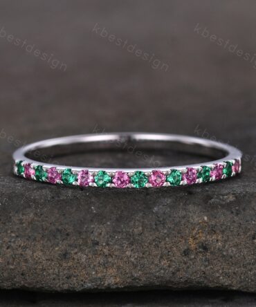 Dainty emerald and pink tourmaline wedding band minimalist half eternity silver wedding ring Art deco micro pave anniversary ring