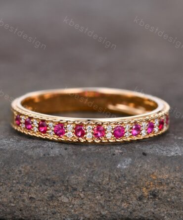 Vintage Ruby wedding band Yellow gold ruby moissanite wedding ring unique Antique stacking band July birthstone ring anniversary gift