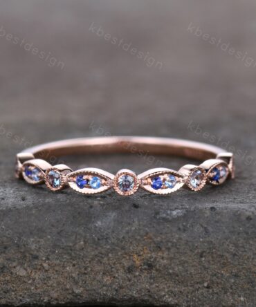 Blue Topaz Sapphire Wedding Band Rose Gold Alexandrite Wedding Band Art Deco Half Eternity Band Unique Blue Gemstone Band Anniversary Gift