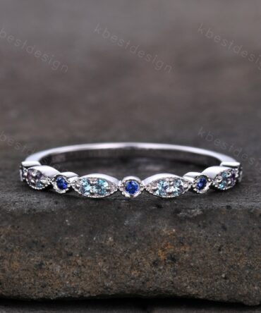 Alexandrite and Sapphire Ring, Silver Alexandrite Wedding Band, Unique Art Deco Gemstone Band, June Birthstone Ring, Anniversary Ring