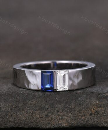 Mens Blue Sapphire Wedding Band Baguette cut Moissanite Wedding Ring 5MM Solid Gold Ring Mens Hammered Stacking Matching Band Personalized