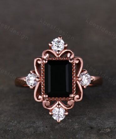 Vintage black onyx engagement ring 6x8mm emerald cut black onyx ring unique antique moissanite ring black stone ring rose gold Bridal ring