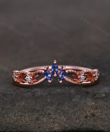 Unique curved blue sapphire wedding band art deco rose gold rings for women marquise cut blue sapphire ring antique moissanite stacking band