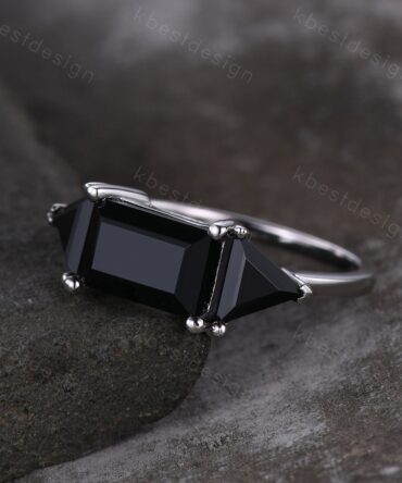 Emerald cut Black Onyx engagement ring unique Triangle cut black Onyx ring sterling silver ring Three stone ring art deco wedding ring