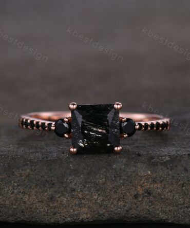 Princess Cut Natural Black Rutilated Quartz Engagement Ring Unique Black Spinel Ring Rose Gold Ring Three stone ring Bridal Promise Ring