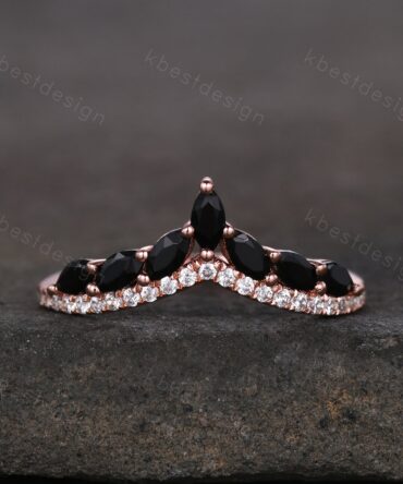 Unique Curved Black Onyx Wedding Band Vintage Marquise cut Black Onyx Cluster Ring Women Rose Gold Moissanite Stacking Bridal Wedding Ring