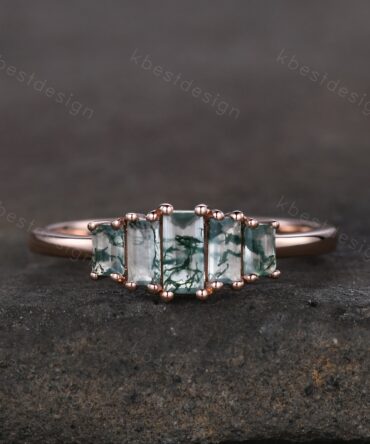 Vintage Baguette cut Moss Agate Wedding Band Unique Green Agate Cluster Ring Rose Gold Antique Five Stone Women Bridal Promise Ring