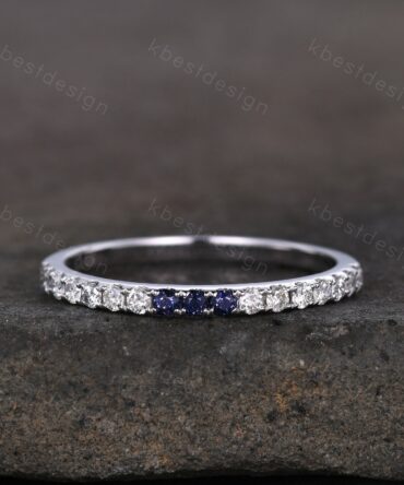 Dainty blue sandstone Moissanite wedding band 1.5mm half eternity band women silver stacking matching band minimalist bridal wedding ring