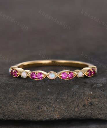 Ruby Opal Wedding Band, Half Eternity Wedding Band, Art Deco Stacking Band, Opal Wedding Ring, Ruby Ring, Anniversary Gift, Yellow gold ring