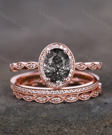 Vintage black rutilated quartz engagement ring 14k rose gold oval cut ring art deco moissanite stacking bands unique bridal wedding ring set