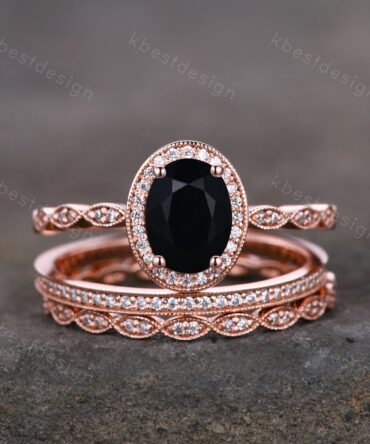 Vintage Unique oval cut Black Onyx engagement ring set rose gold ring set moissanite ring set art deco bridal wedding ring Promise gift