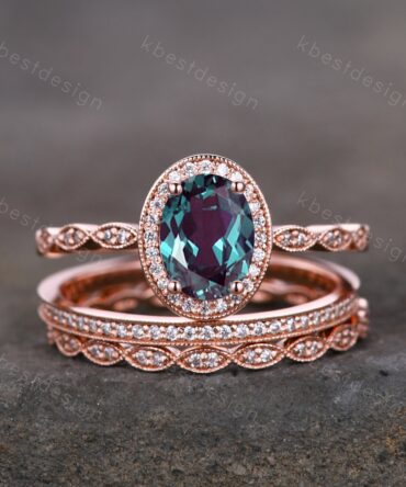 Antique oval cut Alexandrite engagement ring set rose gold rings unique art deco Moissanite stacking matching bands vintage bridal ring set