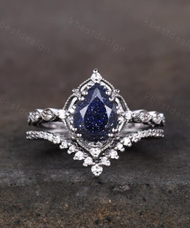 Pear cut blue sandstone engagement ring set white gold art deco stacking band curved moissanite wedding ring set unique bridal promise set