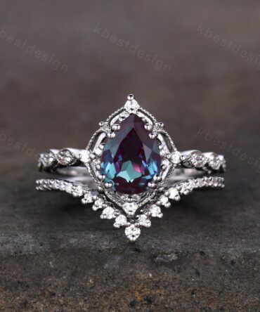 Vintage Alexandrite engagement ring set silver pear shaped alexandrite ring art deco moissanite stacking ring unique bridal promise ring set