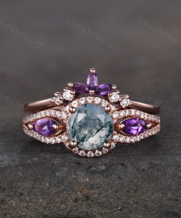 Vintage moss agate engagement ring set 14k rose gold marquise amethyst ring art deco curved stacking ring unique bridal wedding ring set