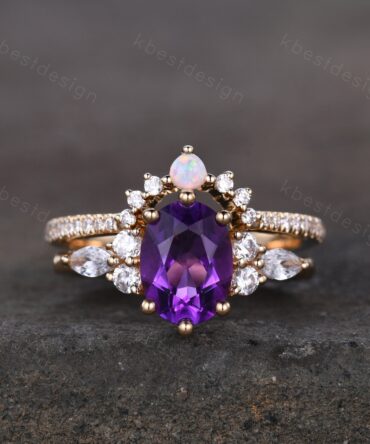 Oval cut Amethyst engagement ring set unique marquise moissanite art deco Opal wedding ring Rose gold ring vintage bridal wedding ring set