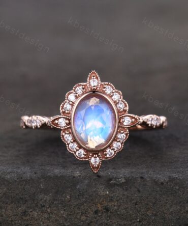 Oval cut Moonstone engagement ring rose gold ring for women vintage unique moissanite wedding ring rainbow moonstone ring Promise ring