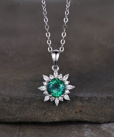 Round cut green emerald necklace solid 14k 18k white gold vintage unique Personalized pendant women moissanite anniversary bridal gift