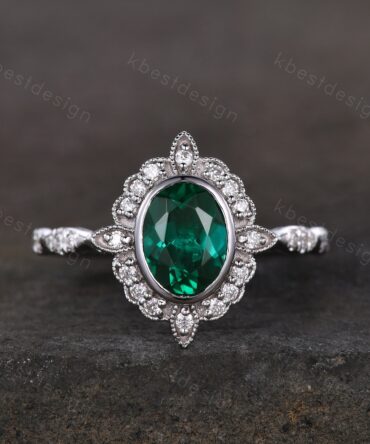 Vintage oval cut green emerald ring white gold unique emerald engagement ring antique milgrain moissanite wedding ring bridal promise ring