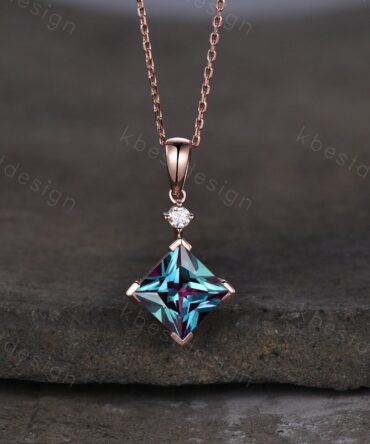 3CT Lab Alexandrite Necklace, Unique Princess cut Pendant, Vintage Rose Gold Necklace, Alexandrite Silver Pendant, June Birthstone necklace