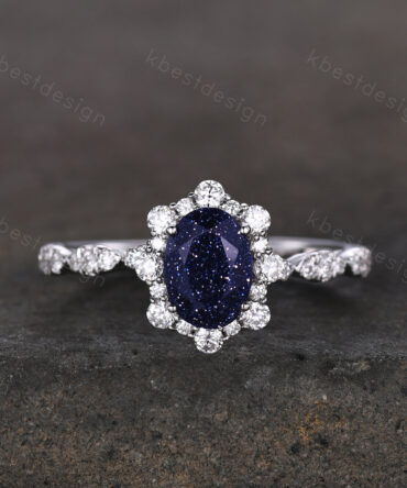 1CT Vintage Blue Sandstone Engagement Ring Oval Shaped Halo Engagement Ring Art Deco Moissanite Ring 14K White Gold Wedding Bridal Ring