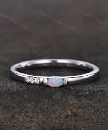 Minimalist Opal wedding band silver Moissanite band dainty marquise cut opal ring Unique stacking matching band Promise Anniversary gift