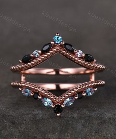 Alexandrite Double curved wedding Band rose gold wedding band vintage marquise black spinel stacking matching Bridal wedding Promise ring