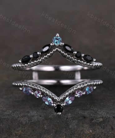 Unique curved Alexandrite wedding band White gold double curved black spinel stacking band art deco marquise enhancer bridal promise ring