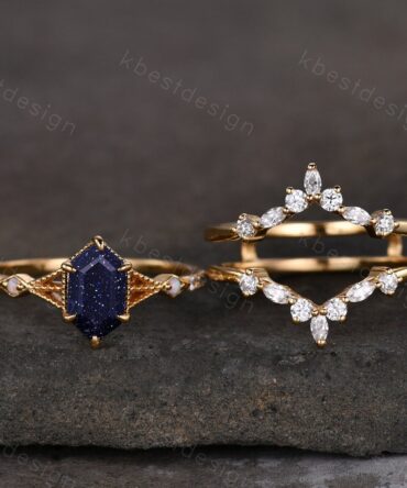 Antique Blue Sandstone Engagement Ring Set Yellow Gold Hexagon cut Ring Unique Art Deco Moissanite Stacking Matching Band Bridal Promise Set