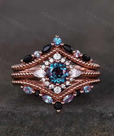 Vintage Alexandrite engagement ring set Art deco rose gold Cluster engagement ring Unique Double curved wedding band Bridal anniversary ring