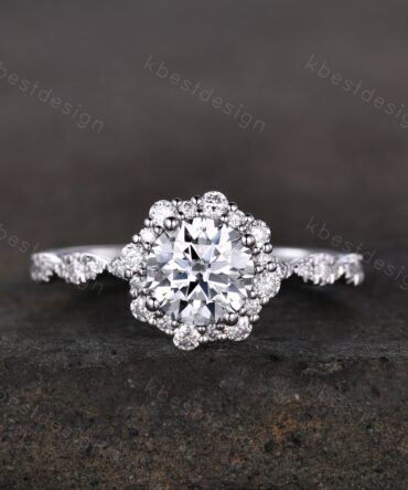 Vintage round Moissanite engagement ring white gold unique halo engagement ring art deco diamond wedding ring women retro anniversary ring