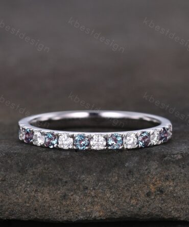 2mm Moissanite Alexandrite Wedding Band Half Eternity Stacking Band Colorless Moissanite Ring Women Matching Band Promise Anniversary Ring