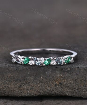 Alexandrite emerald cluster wedding band Unique marquise cut wedding band Vintage Moissanite ring Solid gold ring Anniversary gift for her