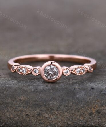Dainty Salt and Pepper Diamond Engagement Ring Rose Gold Wedding Ring Delicate Engagement Ring Art Deco Bezel Set Ring Anniversary ring