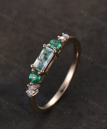 Baguette cut Moss Agate Wedding Band Unique Green Emerald Ring Women Solid Yellow Gold Ring Antique Moissanite Ring Bridal Anniversary Gift