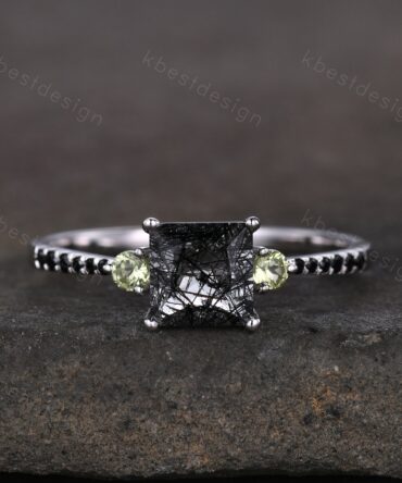 Princess Cut Natural Black Rutilated Quartz Engagement Ring Unique Green Peridot Ring Sterling Silver Ring Three stone ring Promise Ring