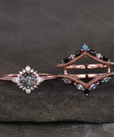 Vintage black rutilated quartz engagement ring art deco curved stacking band marquise cut alexandrite ring unique bridal wedding set