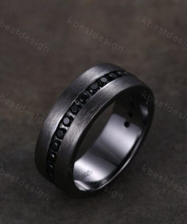 Mens Wedding Band, Black Gold Ring, Mens Wedding Ring, Black Spinel Ring, Mens Engagement Ring, Engraved Ring, Unique Wedding Band Mens Ring