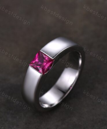 Mens Wedding Band | Princess Cut Ruby Band | 5mm Solid Rose/White/Yellow Gold Ring | Mens Solitaire Princess Cut July Birthstone Ring