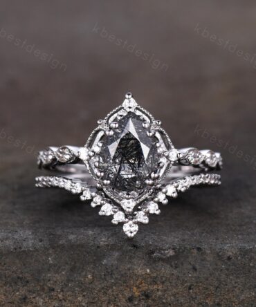 Vintage black rutilated quartz engagement ring silver ring art deco curved stacking band pear cut bridal set unique moissanite wedding set