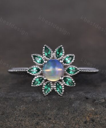 Natural Opal Emerald Engagement Ring Vintage Floral Opal Ring Unique Marquise cut Emerald Wedding Ring October Birthstone Ring Promise Gift