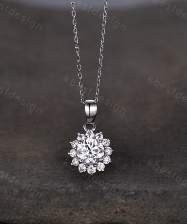 1CT Round cut Moissanite necklace sterling silver vintage unique halo sunflower moissanite pendant necklace women anniversary bridal gift