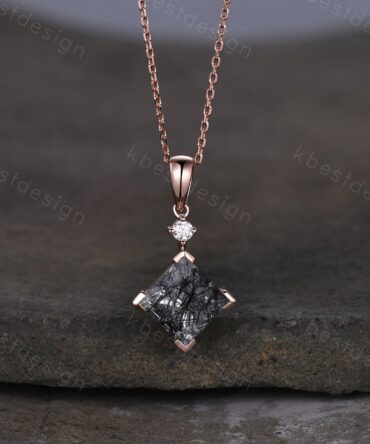 3CT Princess Cut Natural Black Rutilated Quartz Necklace 14K Rose Gold Unique Black Gemstone Pendant Women Vintage Personalized Promise Gift