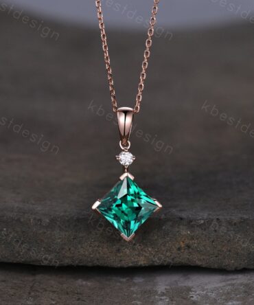 Princess cut green emerald necklace solid 14k 18k rose gold vintage unique Personalized gemstone pendant for women anniversary bridal gift