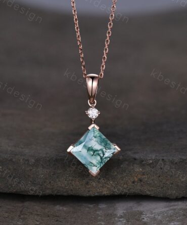 Princess cut natural moss agate necklace solid 14k rose gold vintage unique green gemstone pendant for women anniversary bridal gift