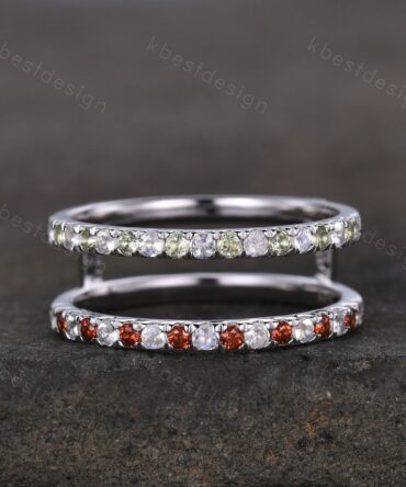 Double moonstone wedding Band white gold wedding band vintage peridot garnet stacking matching band Multi stone ring Bridal Promise ring