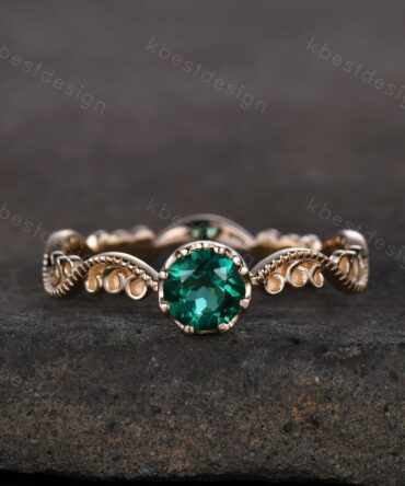 Antique emerald engagement ring 5mm round cut green emerald ring Yellow gold filigree ring unique design bridal promise ring May birthstone